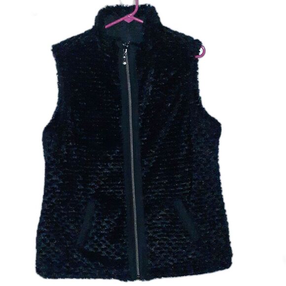 Denim & Co Vest L Reversible Zip Front Textured Faux Fur Quilted Winter Fall - Picture 2 of 9